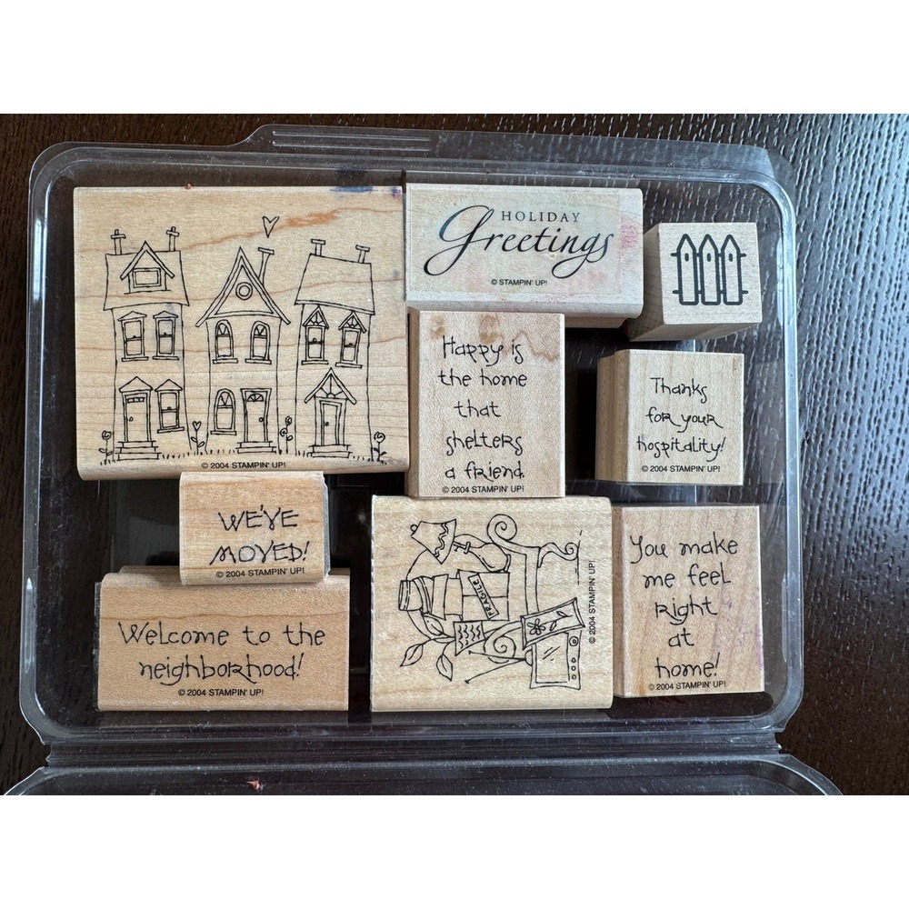 9 Stampin Up Moving/Hospitality Stamps/ Kit Rubber Wood Mounted 2004 Set w/Case